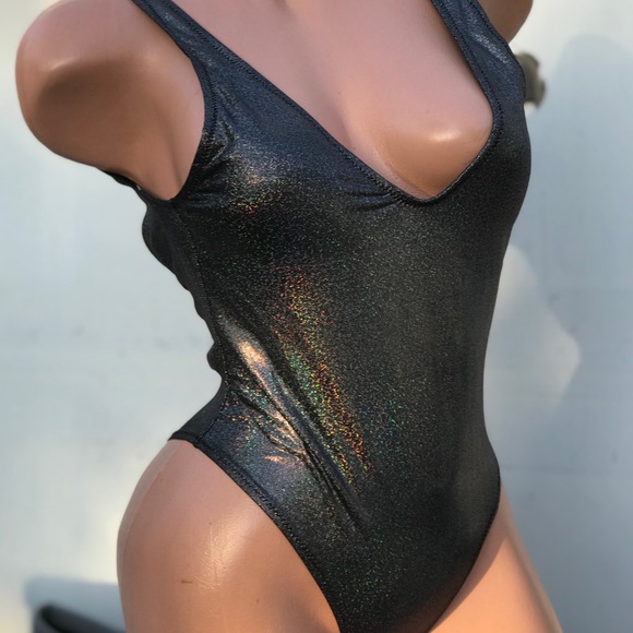 Gray metallic hologram barbie swimsuit one piece